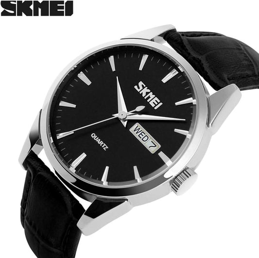 SKMEI Watch for Men Business Dress Classic Fashion Casual Black Leather Quartz Analog Waterproof Calendar Date Light Simple Wrist Watches Dad Fathers Gifts - Black strap*Silver case*Black Dial