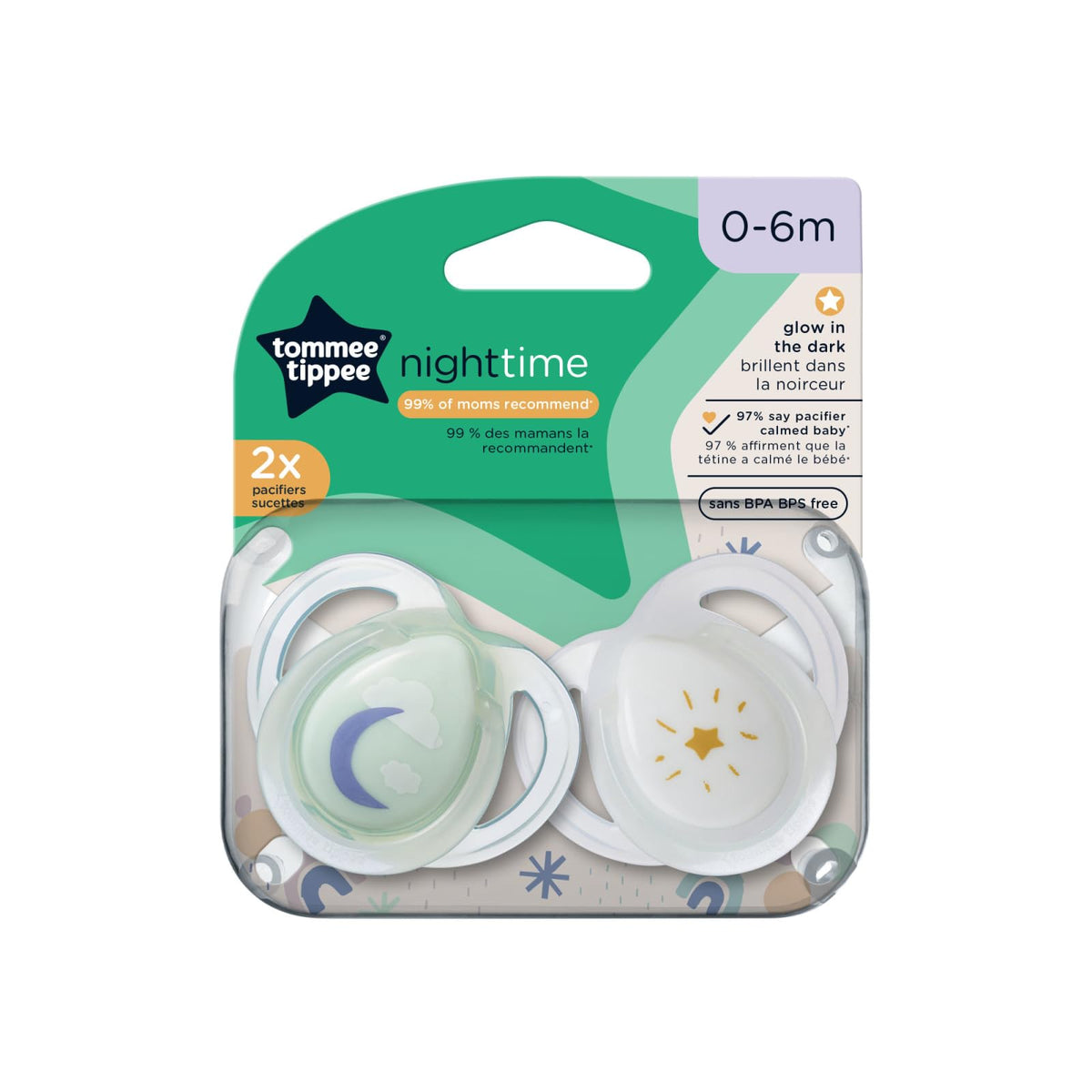 Tommee Tippee Nighttime Pacifier, 0-6 Months, 2 Pack of Glow in The Dark Pacifiers with Reusable sterilizer pod