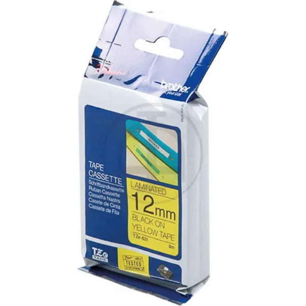 Brother TZe-631 Labelling Tape Cassette, 12 mm (W) x 8 m (L), Laminated, Brother Genuine Supplies - Black on Yellow