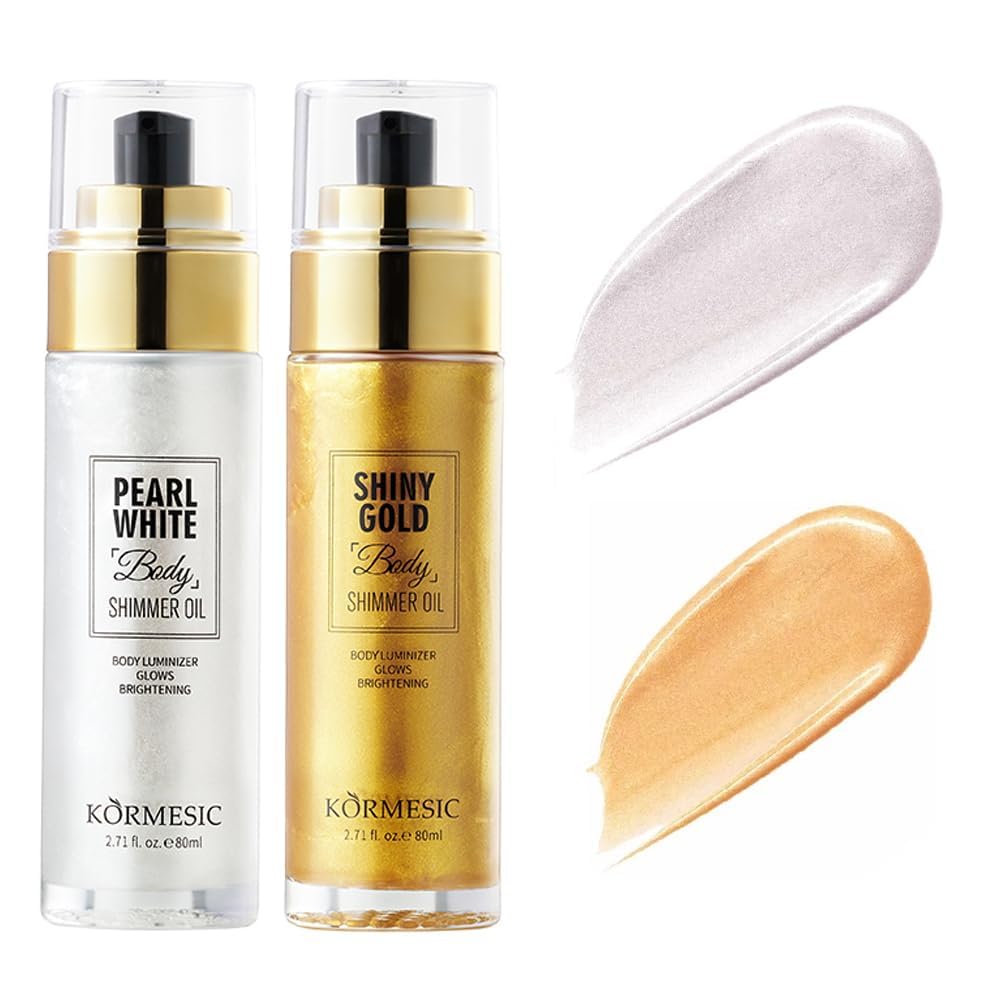 KASTWAVE Shimmer Body Oil, Summer Body Glitter Moisturizing Light Shimmer Glow Non-Sticky, Party Body Luminizer and Illuminator Smooth (2 Colors Pearl White & Shiny Gold)