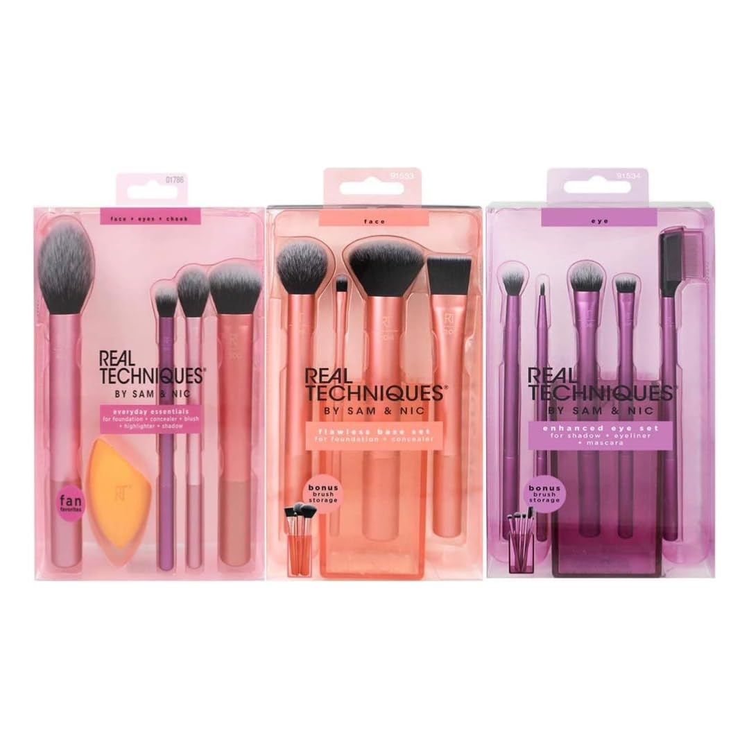 REAL TECHNIQUES Makeup Brushes Set - Everyday Essentials, Enhanced Eye, Flawless Base | Professional Foundation Brush, Concealer Brush | Best Makeup Brushes for All Gifting Occasions