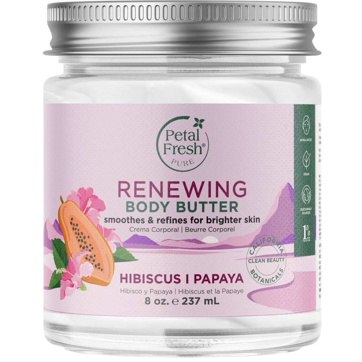 Petal Fresh Pure Renewing Hibiscus & Papaya Body Butter, Organic Coconut Oil, Argan Oil, Shea Butter, Skin Softening, For All Skin Types, Natural Essential Oils, Vegan And Cruelty Free, 8Oz