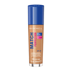 Rimmel Match Perfection Foundation 102 Light Nude, Medium Coverage, 24hr Hydration, No Caking or Creasing, Lightweight, Reduces Imperfections, Invisible Coverage, SPF20, Cruelty Free