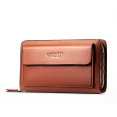 Valentoria Mens Large Long Leather Clutch Hand Bag Wallet Purse Travel Passport Business Cell Phone Holster Credit Card Holder Case for Dad Husband (Brown)