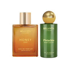 BellaVita Luxury Duo Desirée Unisex Eau de Parfum Set (2 × 100 ml) – Pistachio & Honey Oud Blend – Long-Lasting Luxury Perfume with Fruity, Floral, Sweet, Spicy & Woody Notes for Men & Women