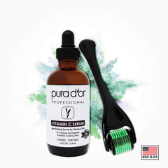 PURA D'OR Vitamin C Serum (4oz / 118mL) Hyaluronic Acid & Retinol + 0.25mm Derma Roller Microdermabrasion Complete Skin Care Cosmetic Kit For Face & Eyes, Dark Spots, Acne, Wrinkles, For Men & Women