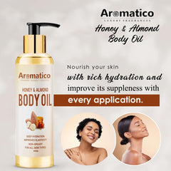 AROMATICO Luxurious Body Oil for Women, Honey & Almond. Hydrating & Nourishing, for Daily Use After Shower, Bath Oil, Massage Oil. Glowing Skin Formula. Non-Greasy, 100% Natural- 200ml