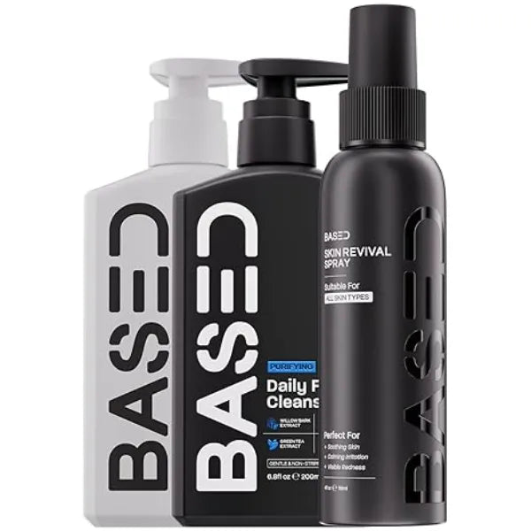 BASED Skincare Trio Daily Facial Cleanser, Moisturizer & Skin Revival Spray Complete Men's Skincare System Hypochlorous Acid, Bamboo Charcoal & Ceramides All Skin Types