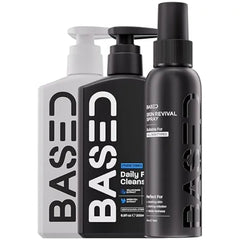 BASED Skincare Trio Daily Facial Cleanser, Moisturizer & Skin Revival Spray Complete Men's Skincare System Hypochlorous Acid, Bamboo Charcoal & Ceramides All Skin Types