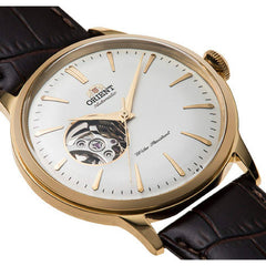 Orient 'Bambino Open Heart' Japanese Automatic Stainless Steel and Leather Dress Watch