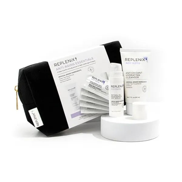 Replenix Anti-Aging Essentials 3 Step Trial Kit, Travel-Size Skincare Products for Mature Skin (Hyaluronic Acid Serum, Hydrating Cleanser, Retinol Serum), Cruelty and Paraben free