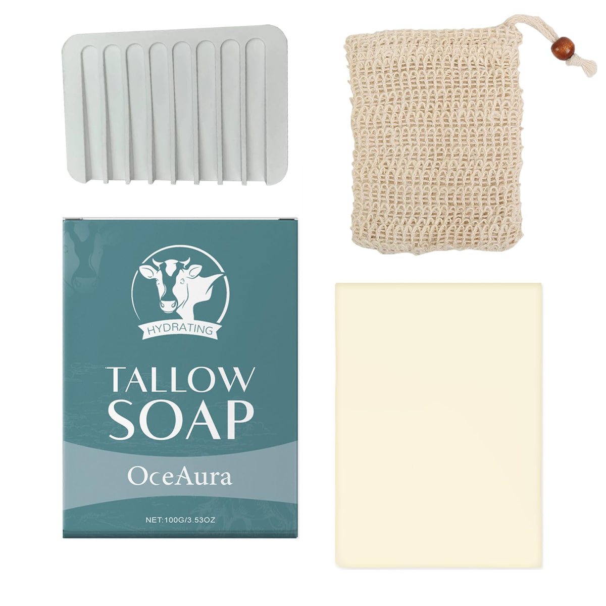 Beef Tallow Soap Bar, All Natural Grass Fed Tallow Soap for Face & Body, Deodorant Soap with Soap Box & Foaming Net Set, Handcrafted Natural Soap Bar for Skin Moisturizing