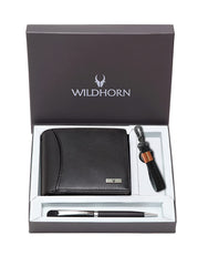 WildHorn® RFID Protected Genuine Leather Wallet & Gift Combo for Men - Black M