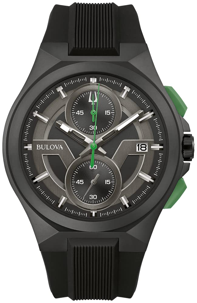 Bulova Men's Maquina Sport Black Ion-Plated Stainless Steel Case, 6-Hand Chronograph Quartz Watch with Matte Black Silicone Strap, Sapphire Crystal - Black