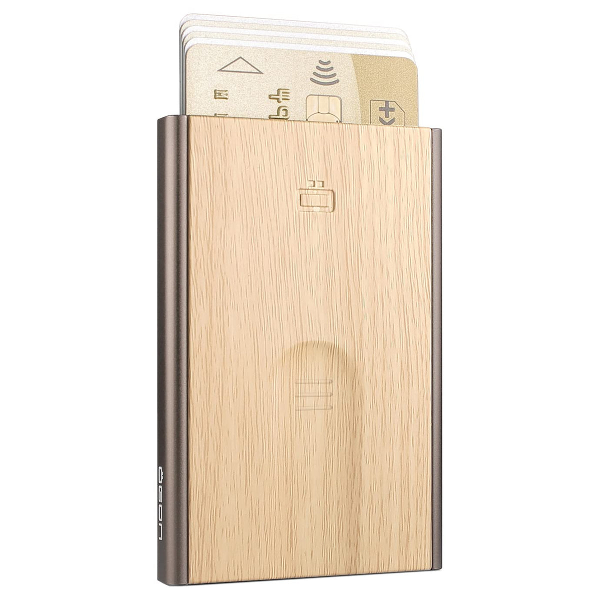 OGON Aluminum automatic card holder Slider - RFID Blocking – The original minimalist slim wallet for men and women - Up to 6 cards - Covering Wood Imitation Bamboo