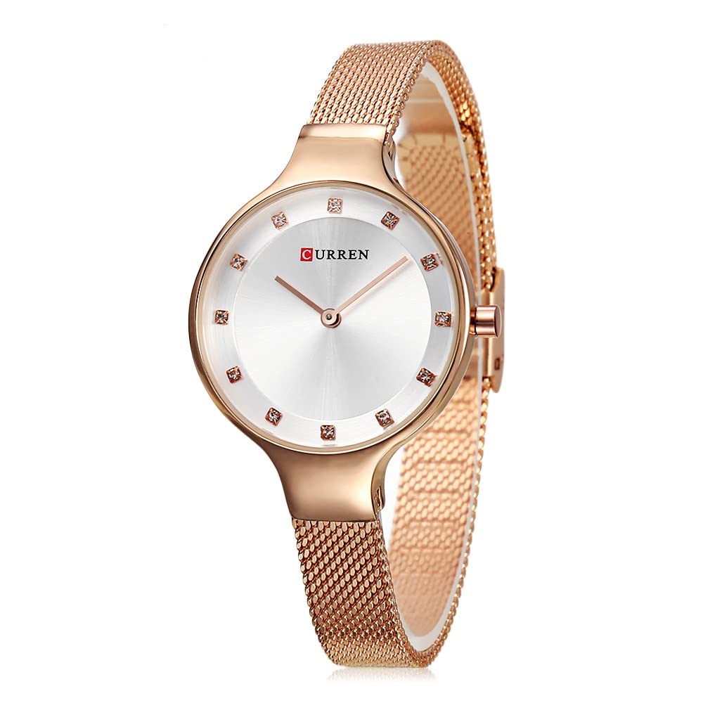CURREN Ladies Analog Watch Rose Gold Stainless Steel Case Silver Dial Rose Gold Stainless Steel Bracelet