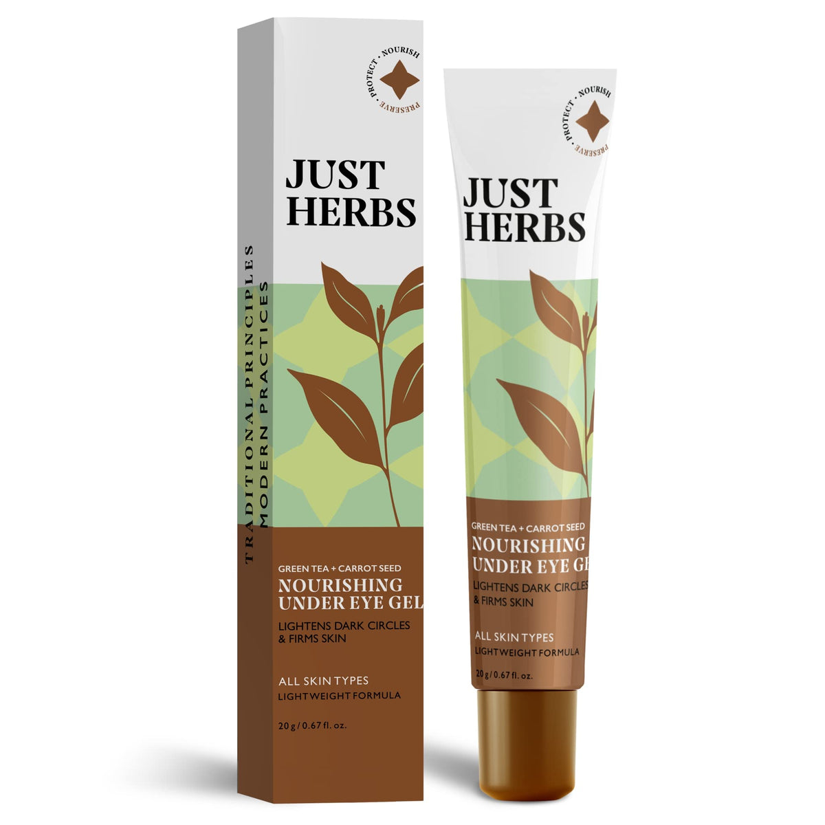 Just Herbs Nourishing Under Eye Gel Cream for Dark Circles, Eye Puffiness, Fine Lines & Wrinkles with Green Tea & Carrot Seed -For Men & Women - 20 gm