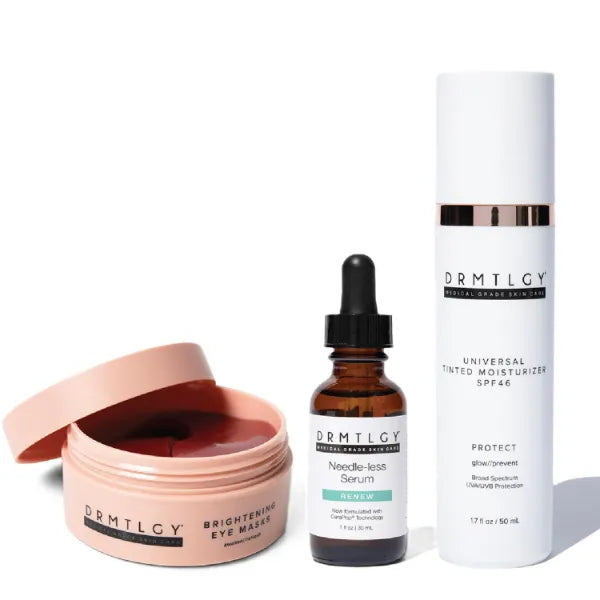 DRMTLGY Brightening Bundle, Brightening Eye Masks, Needle-less Serum, & Anti-Aging Tinted Moisturizer with SPF 46, Skincare Set for Radiant, Even Tone & Hydrated Skin