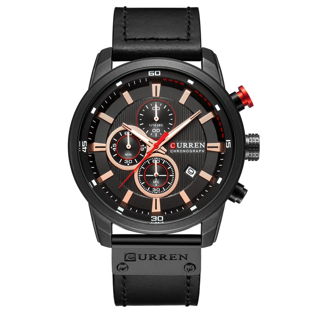 CURREN Mens Water Resistant Sport Chronograph Watches Military Multifunction Leather Quartz Wrist Watches (black black)