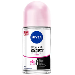 NIVEA Black & White Invisible Antiperspirant Roll-On Deodorant for Women, Clear, 72H Active Protection, 5IN1, Anti-Odour, Sweat, Stains, Residues & Irritation, 50ml