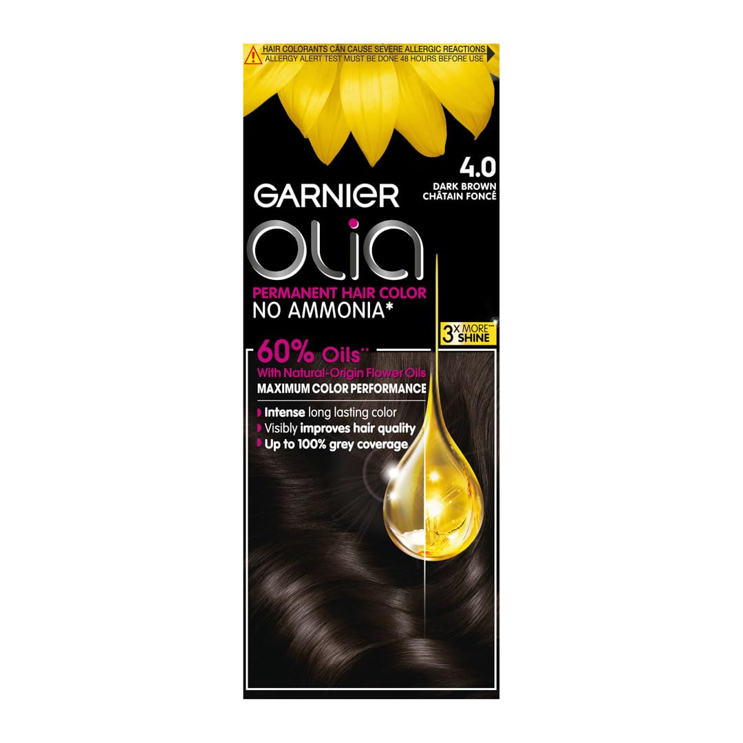 Garnier Permanent Hair Dye, Intense, Long-lasting Colour, Up to 100% Grey Hair Coverage, No Ammonia, 60% Oils, Olia, 4.0 Dark Brown