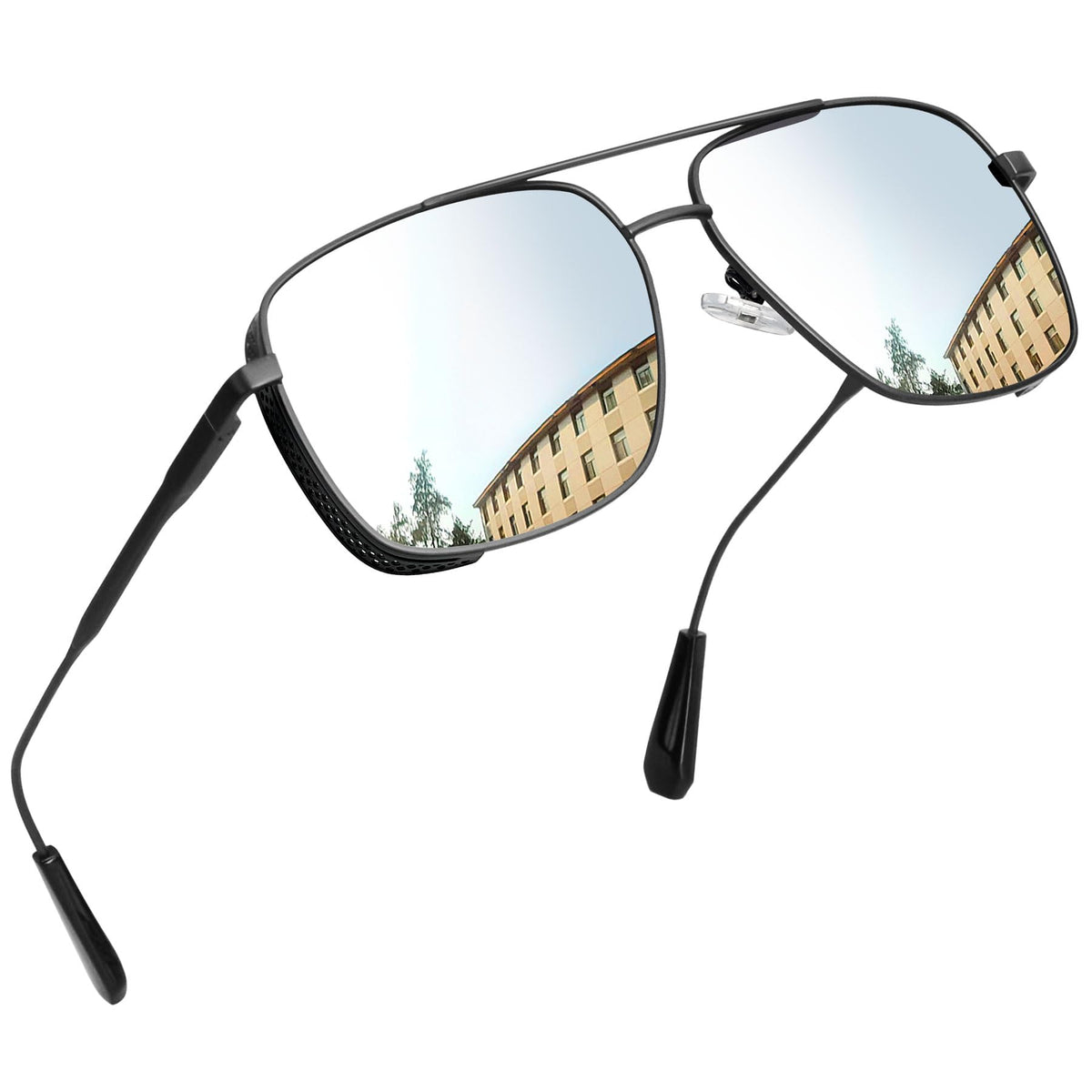 Joopin Rectangular Sunglasses for Men Women Polarized UV Protection Classic Aviation Military Style Big Metal Frame Driving Fishing Black Glass