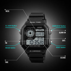 SKMEI Men's Digital Sports Waterproof Wrist Watch with Dual Time Chronograph Countdown Alarm Backlight, Green, Chronograph,Digital