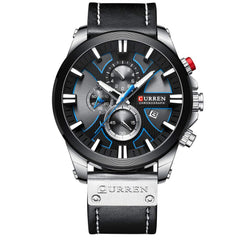 CURREN Mens Water Resistant Sport Chronograph Watches Military Multifunction Leather Quartz Wrist Watches (Silver Black)