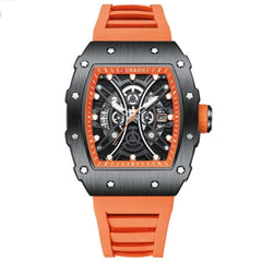 CURREN New Rectangular Luminous Watch Men Sports Casual Silicone Bracelet Semi Hollow Auto Date Dail Wristwatch 8438 - Orange