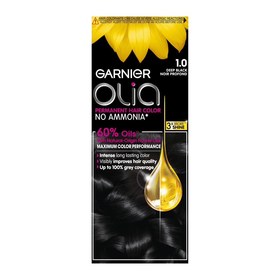Garnier Permanent Hair Dye, Intense, Long-lasting Colour, Up to 100% Grey Hair Coverage, No Ammonia, 60% Oils, Olia, 1.0 Deep Black