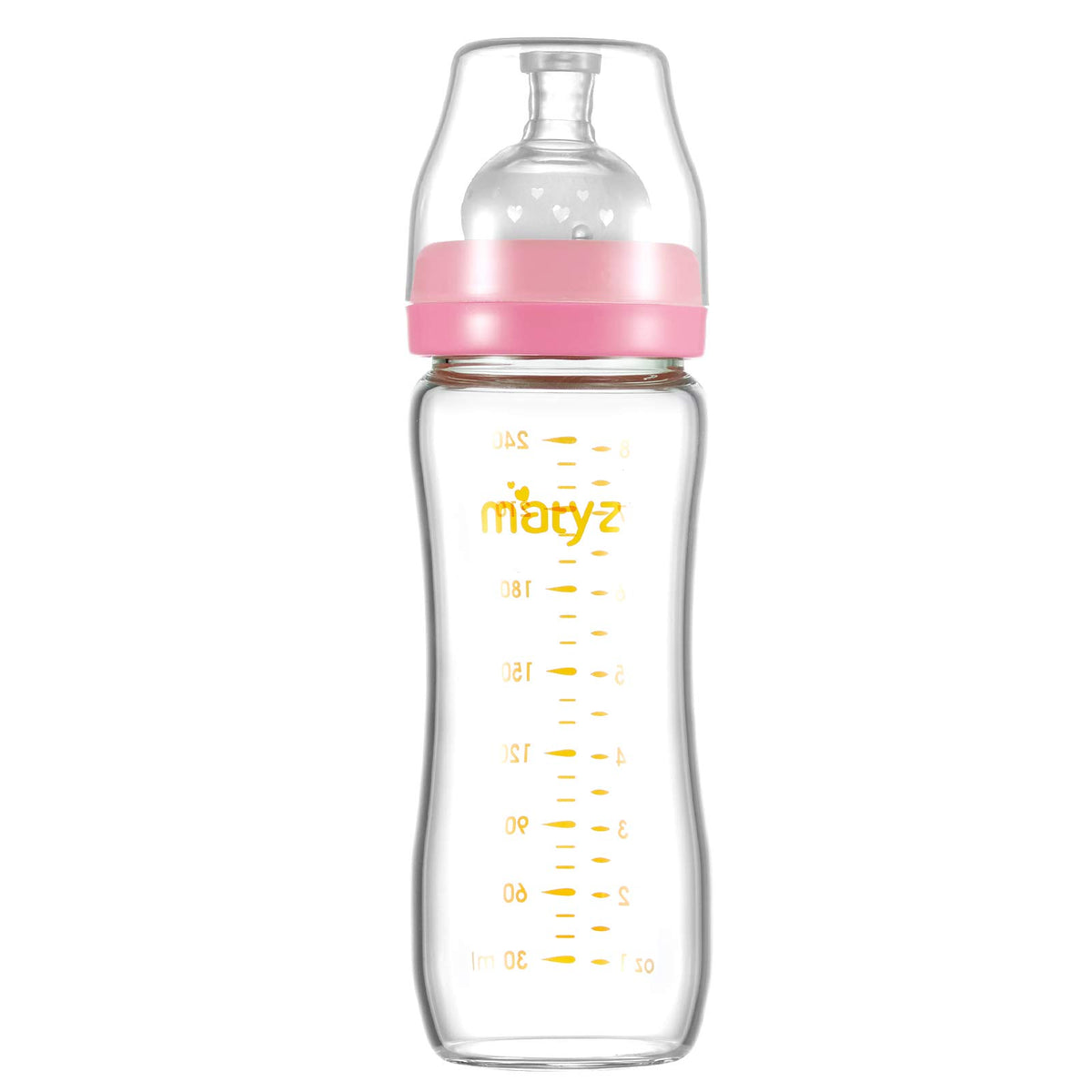 Matyz 8 Ounce Glass Baby Feeding Bottle with , Light and Slim Bottle Easy to Hold, Food Grade Borosilicate Glass, Wide Neck Breastmilk Feeding Bottle Easy to Clean, BPA Free (Pink Lids)