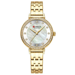 CURREN New Simple Thin Quartz Watch Women's Silver Stainless Steel Wrist Watch With Rhinestones - GOLD