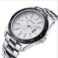 CURREN Men's Analog Watch Stainless Steel Case White Dial Date Window Stainless Steel Case