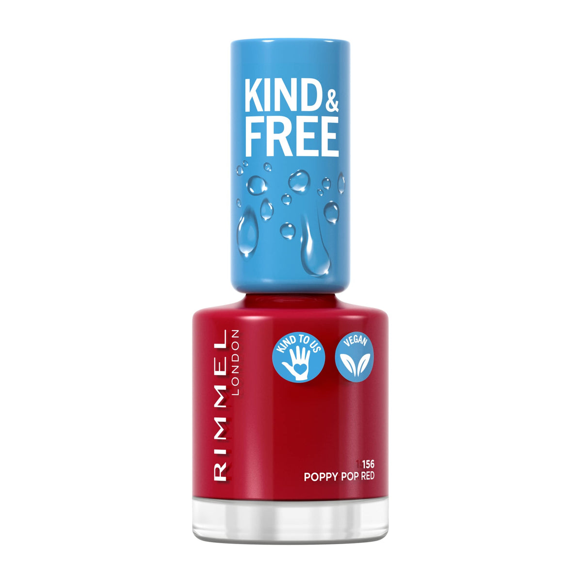 Rimmel KIND & FREE Clean Nail Polish - Breathable Top Coat - Plant-based Formula - Kind To Animals & Vegan - 8 ml - 25oz, shade 156 Poppy Pop Red