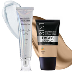 FACES CANADA Celeb Glow Kit | Silver Strobe Cream (30ml) + Medium Natural All Day Hydra Matte Mini Foundation (18ml) | Makeup Kit For Women (Combo Pack of 2)