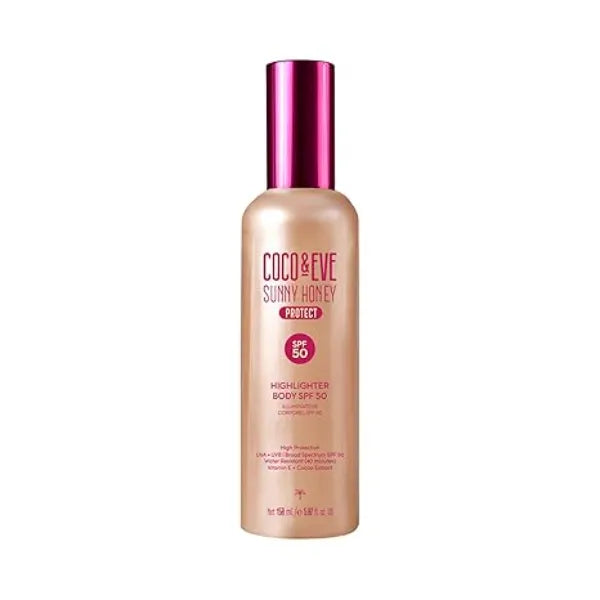 Coco & Eve Body Highlighter SPF 50 Shimmer Sunscreen, Broad Spectrum Sun Protection, Lightweight Serum Like Lotion with Pearlescent Minerals & Vitamin E for Hydrated & Glowing Skin, 5.07 Fl Oz
