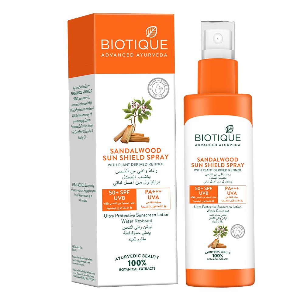 Biotique SANDALWOOD SUN SHIELD SPRAY WITH PLANT DERIVED RETINOL 50+ SPF UVB PA+++ UVA Ultra Protective Sunscreen Lotion All Skin Types Water Resistant-190ml