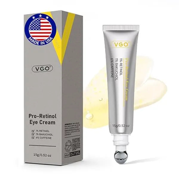 VGO Retinol Eye Cream, Anti Aging Eye Cream for Dark Circles & Puffiness with 1% Retinol, 1% Bakuchiol & 6% Caffeine to Reduce Wrinkles, Fine Lines, De puff and Eye Bags, 0.52 oz/15g, Made in USA