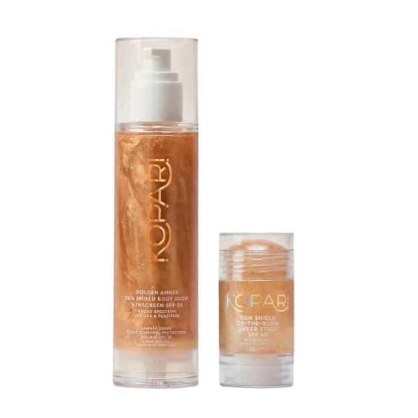 Kopari Sun Shield Body Glow Broad Spectrum SPF 30 In Golden Amber & Sun Shield On-The-Glow Sheer Sunscreen Stick SPF 40