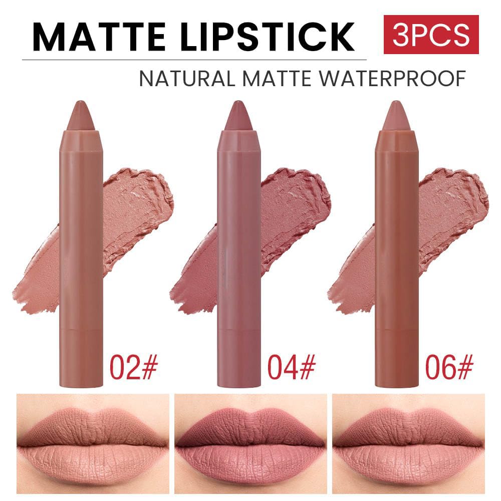 KASTWAVE 3 Colors Matt Nude Lipstick Lipliner Lip Crayons Pack Set, Velvet Moisture Smooth Matte Lipstick Pencils, Waterproof&Waterlasting, 02#04#06