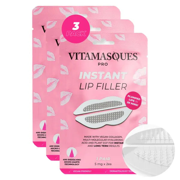 Vitamasques Instant Lip Filler Mask for Plumped Lips in 30 Mins with Vegan Collagen & Hyaluronic Acid - 3 Pack Korean Lip Mask Patches with 400 Dissolving Micro-Darts Tech for Instant & Long-Lasting Results