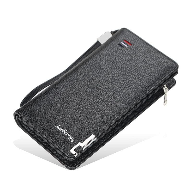 Mens Long Leather Cellphone Clutch Wallet Purse for Men Large Travel Business Hand Bag Cell Phone Holster Card Holder Case Gift for Father Son Husband Boyfriend (BLACK)