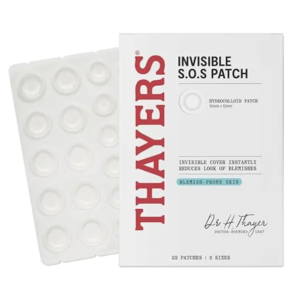 THAYERS Invisible S.O.S Hydrocolloid Acne Pimple Patch, Ultra-Thin Design Instantly Reduces Look of Blemishes, Set of 22 Pimple Patches