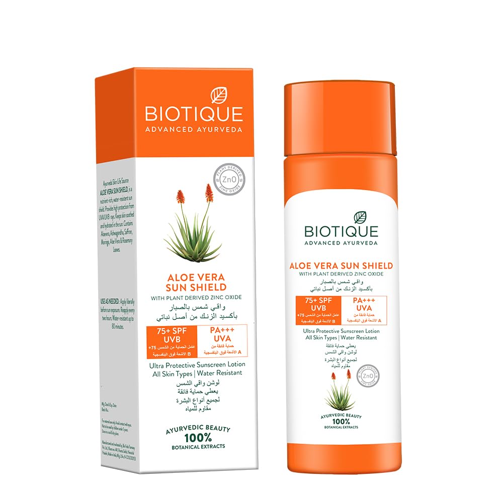 Biotique ALOE VERA SUN SHIELD WITH PLANT DERIVED ZINC OXIDE 75+ SPF UVB PA+++ UVA Ultra Protective Sunscreen Lotion All Skin Types Water Resistant-190ml