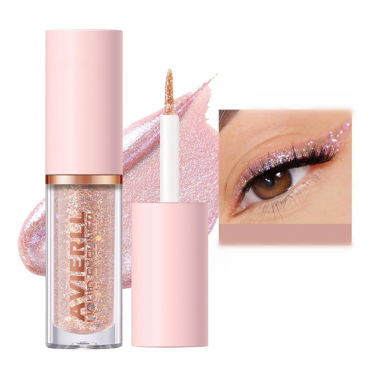 Azonee Pink Glitter Eyeshadow & Liquid Eyeliner Set, Long Lasting Waterproof Shimmer Primer, Quick-Drying Loose Glitter, 02, 1 Pcs