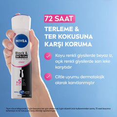 NIVEA Black & White Invisible Antiperspirant Deodorant Spray for Women, Clear, 72H Active Protection, 5IN1, Anti-Odour, Sweat, Stains, Residues & Irritation, 200ml