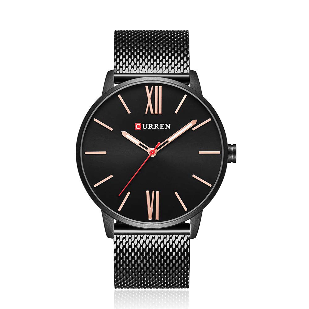 Men's Quartz Watch Simple Ultra-Thin Wristwatch Stainless Steel Strap 3ATM Waterproof Big Dial Analog Wrist Watch - black-black