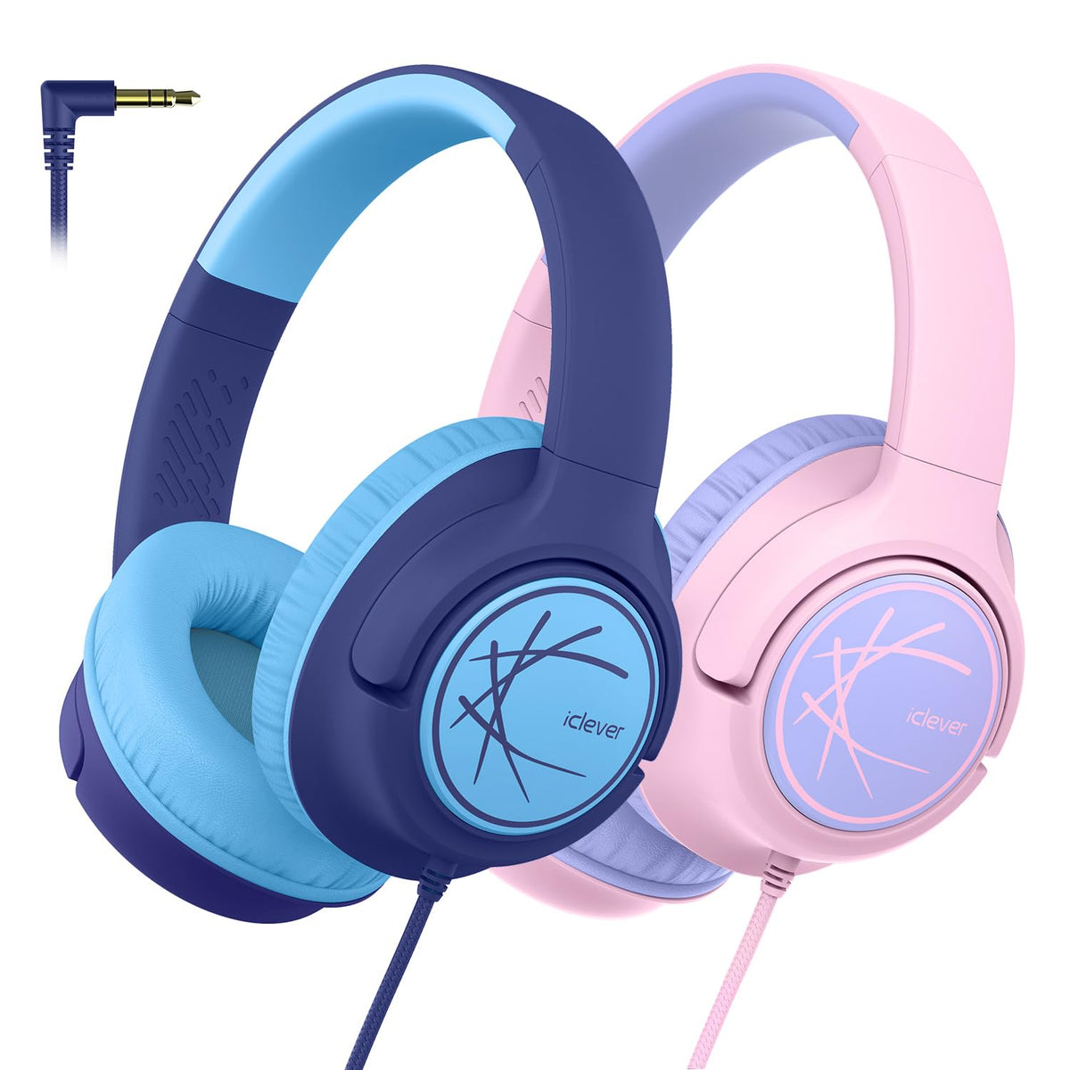 iClever Kids Headphones with Cable, Safe Sound, 85dBA Stereo Sound, Foldable, 3.5mm Jack & AUX Jack for Children, iPad, Tablet, School, Travel, 2 Pack - Dark Blue & Pink
