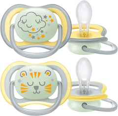 AVENT Philips Ultra Air Nighttime Pacifier - Pack of 2, BPA Free Breathable Glow in the Dark Pacifier for Babies 18+ Months, Includes Transport and Sterilization Box, Cloud/Tiger
