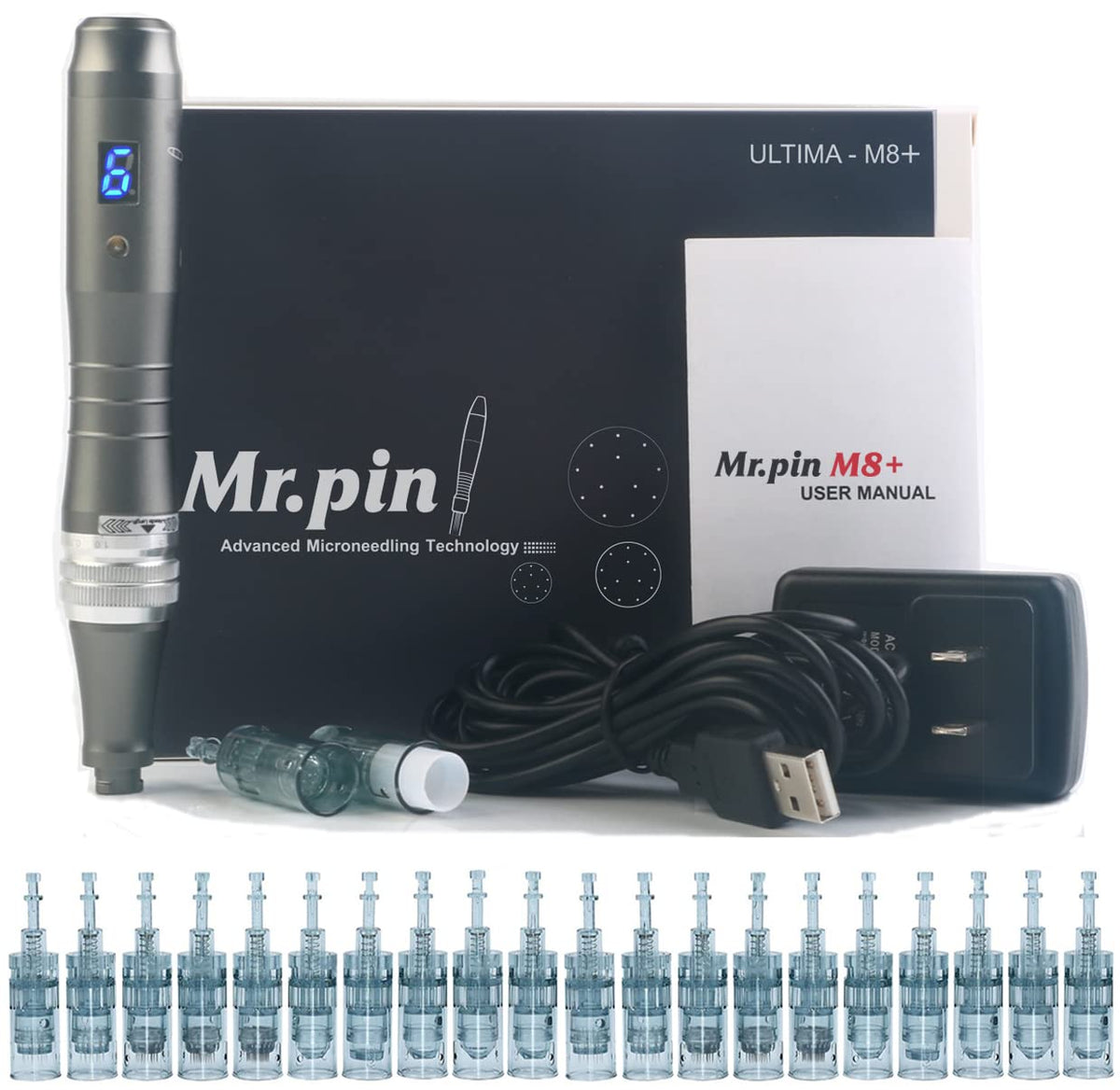 Advanced Dermapen Mr.Pin Ultima M8 Plus Original - Wireless With 20 Different Cartridges for Skin Care, Acne scars Removal, Anti Aging, and Hair Loss